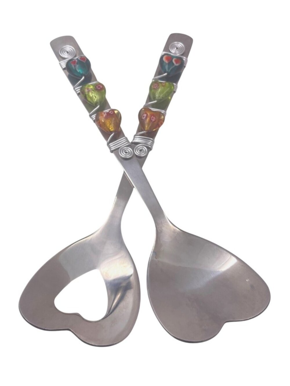 Wild Eye Designs Salad Servers Glass Heart Shaped Beads Wire Wrapped  10-3/4"